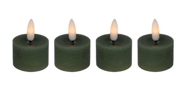 Cozzy fyrfadslys i stearin, 3D flamme, grøn, (bruges med fjernbetjening), 4 stk