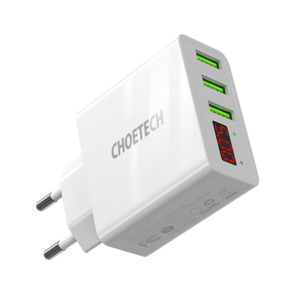 Choetech 3-Port USB-A Vægoplader m. display, 15 W, Hvid