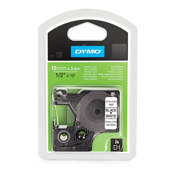 Dymo Tape D1 12mmx3,5m nylon sort/hvid