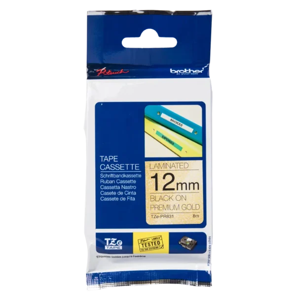 Brother TZe-PR831 12 mm x 8 m tape Sort  på Guld