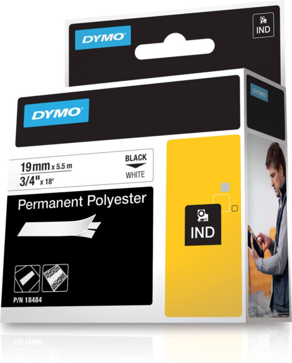 Dymo Tape Rhino 19 mm x 5,5 m Permanent polyester Sort / Hvid