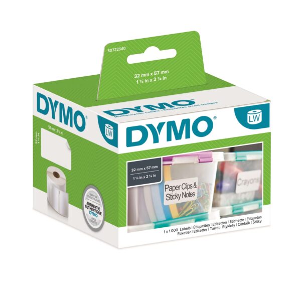 Dymo Labeletiketter, Universal 32 mm x 57 mm aftagelig, Hvid (1000) 11354