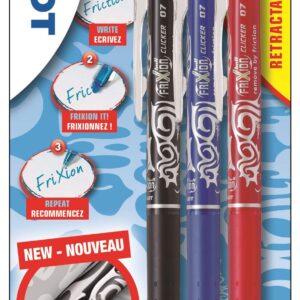 Pilot Frixion Clicker m/klik 0,7 Udviskbar Kuglepen, 3 stk,  Ass. farver