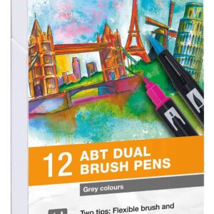 Tombow ABT Dual Brush 12P-3, grå farver, 12 stk, tusch med dobbeltspids