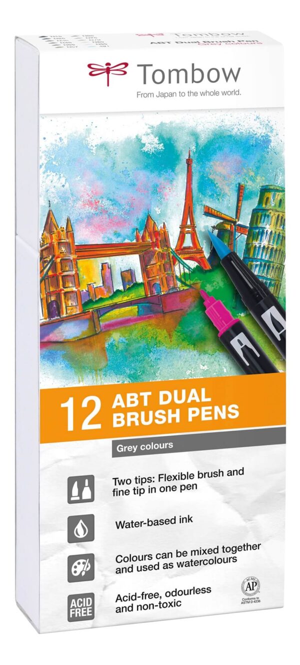Tombow ABT Dual Brush 12P-3, grå farver, 12 stk, tusch med dobbeltspids