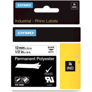 Dymo Tape Rhino 12 mm x 5,5 m Permanent polyester tape Sort / Hvid