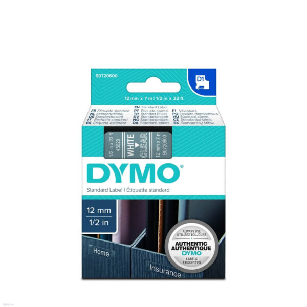 Dymo Tape D1 12 mm x 7 m Hvid / klar 45020