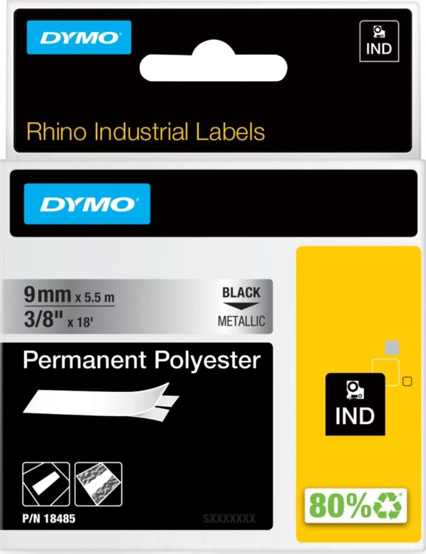 DYMO Rhino Permanent Polyester 9mm x 5,5m, sort på metal