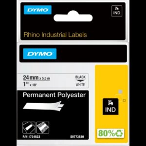 Dymo RHINO Permanent Polyester 24mm x 5,5m, sort på hvid