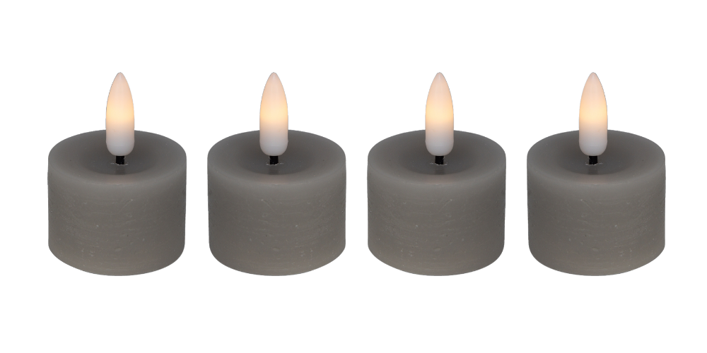 LED fyrfadslys i stearin, grå, 4 stk