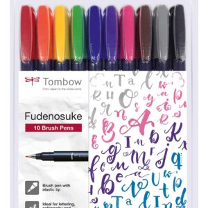 Tombow Brush Pen Fudenosuke, hård, ass. farver, 10 stk