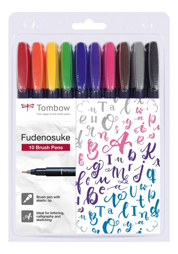 Tombow Brush Pen Fudenosuke, hård, ass. farver, 10 stk