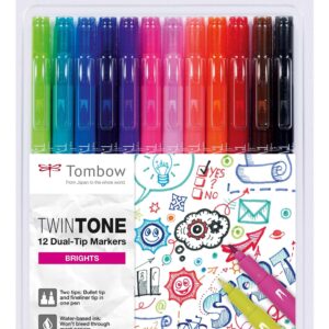 Tombow TwinTone, Tusch med Dobbletspids, 12 stk, Brights
