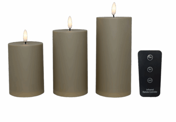 LED bloklys -udendørs, sand, 3 stk. inkl. fjernbetjening